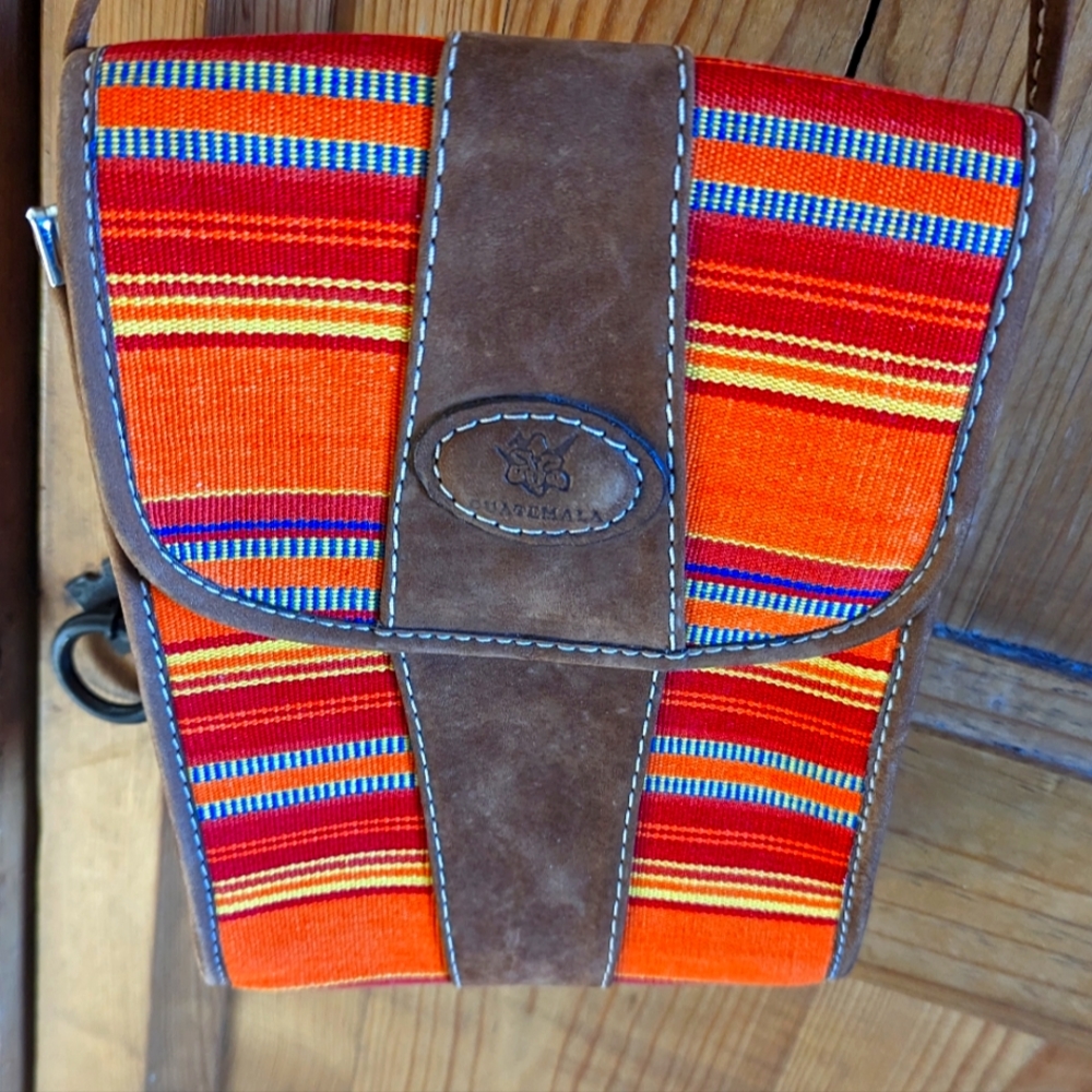 Guatemalan orange crossbody bag. Suede and fabric